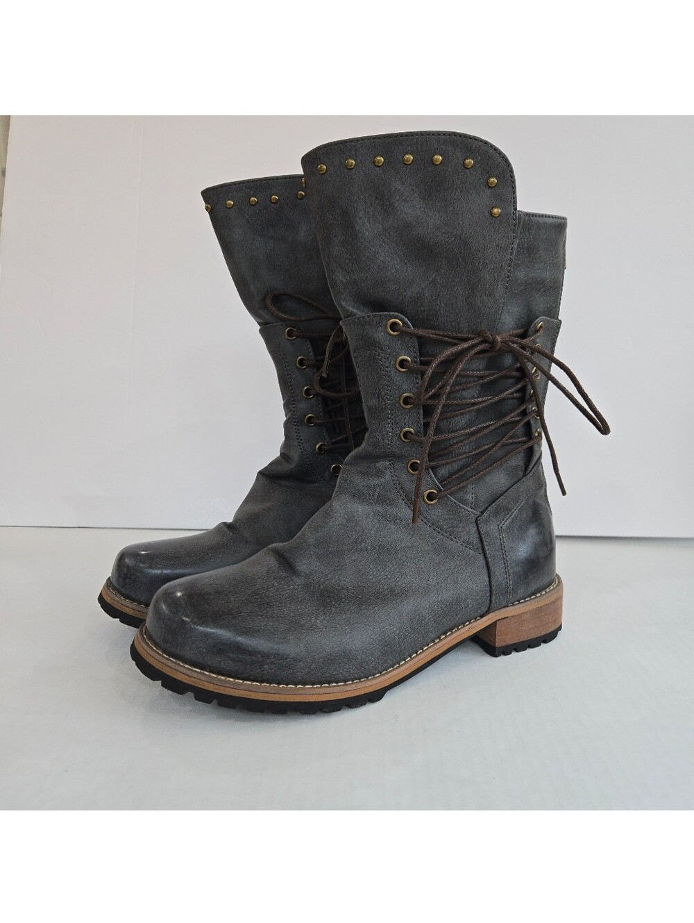 Women’s Gray Lace Up Combat Moto Boots Studded Back Zip EU 39